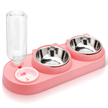 1 Tilted Raised Cat Bowl with Water Bottle - Pink