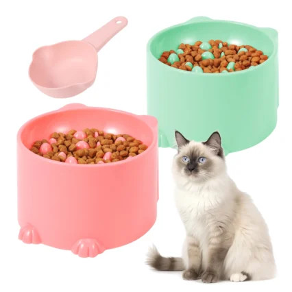 2 Pcs Cat Bowls and 1 Pcs Spoon Set - Pink & Green