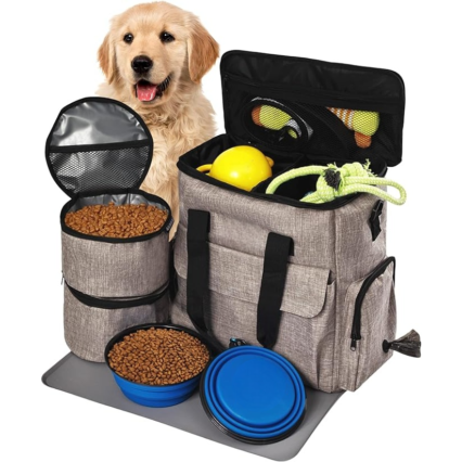 Dog Travel Bag | Dog Food Storage Containers, Silicone Mat, Large Collapsible Bowls