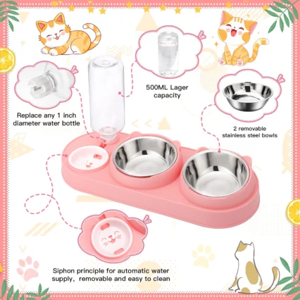 1 Tilted Raised Cat Bowl with Water Bottle - Pink